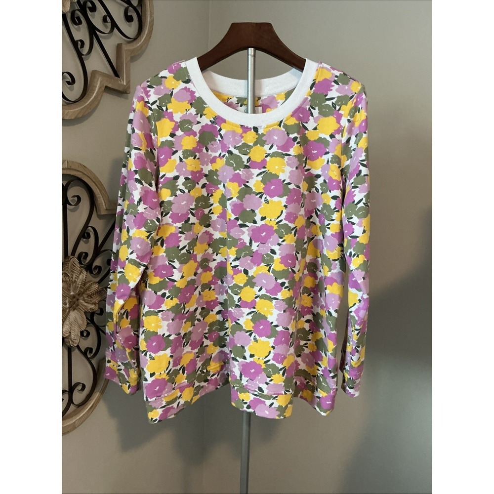 Denim & Co. Women's Top Plus Sz 1X Active French Terry Orchid Floral Watercolor